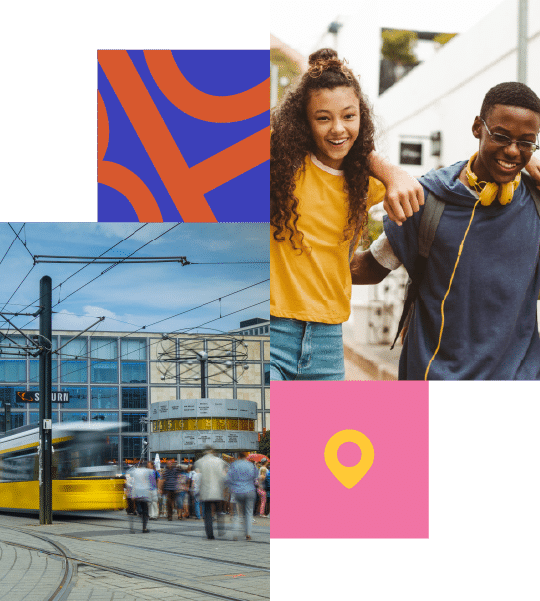 A collage featuring two smiling teenagers, a yellow tram passing a city building, and abstract graphic elements in orange, blue, and pink.