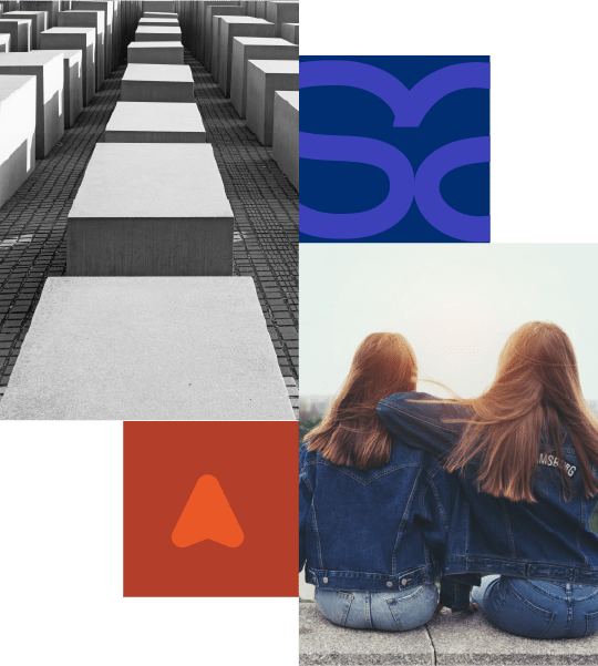 Collage with four sections: geometric concrete blocks, abstract blue design, orange arrow, and two people with long hair sitting side by side, facing away.