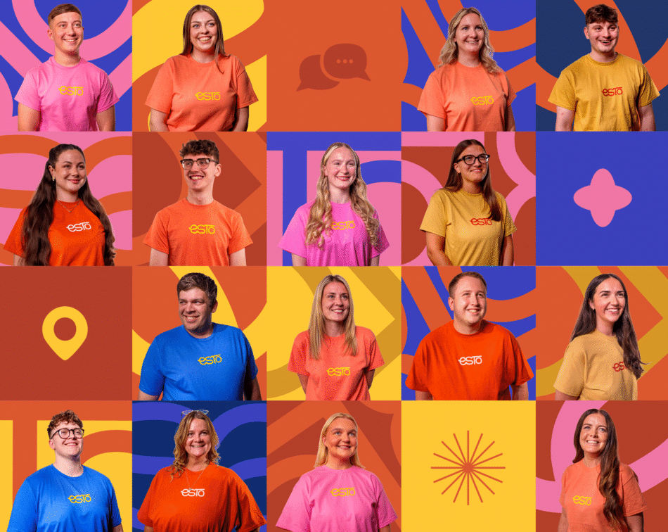 Sixteen people in colourful shirts stand against a vibrant background of geometric shapes and icons, arranged in a four-by-four grid.