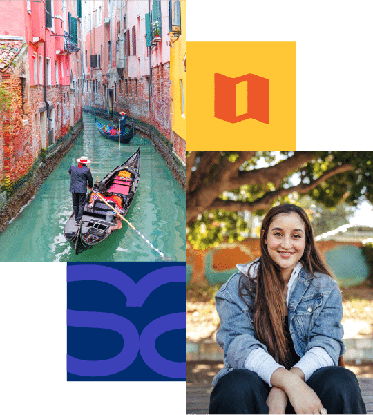 A gondolier steers a boat through a narrow canal beside colourful buildings; a young woman sits outdoors near a tree, smiling at the camera.