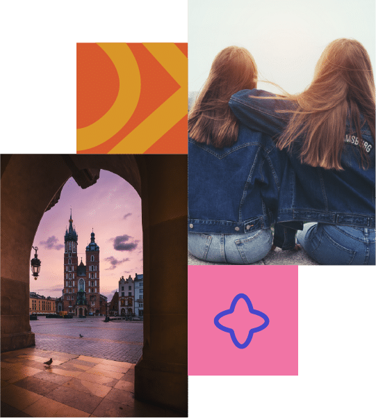 A collage featuring two girls sitting together, a view of a cathedral in a city square, and decorative geometric shapes in orange and pink.