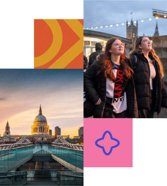 Two people walk outdoors at dusk, with St Paul's Cathedral and Millennium Bridge in London shown in a separate image below, alongside abstract graphic shapes.