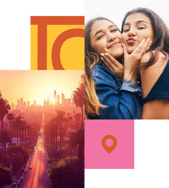 A collage featuring two girls posing playfully, a cityscape at sunset with palm trees, bold graphic shapes, and a pink location pin icon.