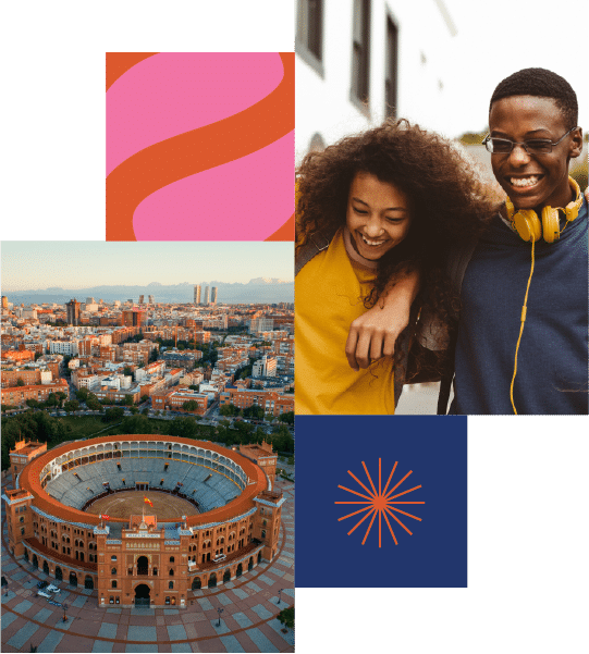 Aerial view of a large circular arena, a cityscape, two smiling people walking, and abstract graphic elements in a collage layout.