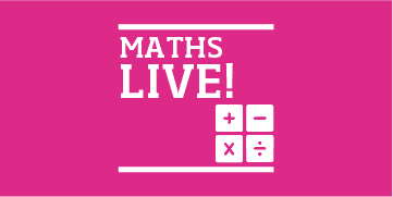 A pink background with white text reading "Maths Live!" next to four calculator buttons showing plus, minus, multiply, and divide symbols.