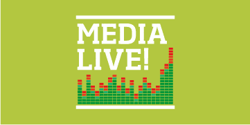 White text reading 'MEDIA LIVE!' above a green and red bar chart on a light green background.