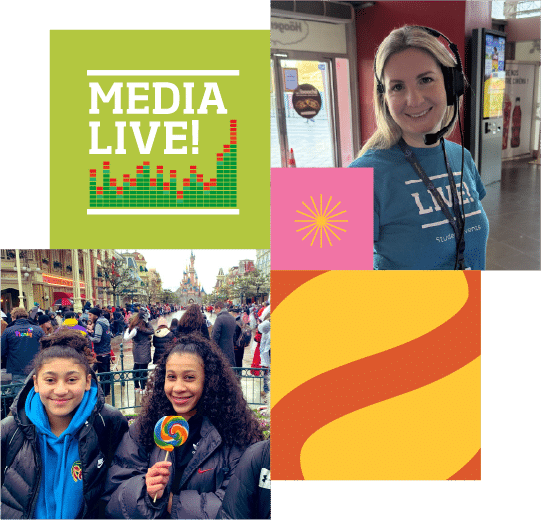 A collage featuring a “MEDIA LIVE!” graphic, a woman wearing a headset and blue shirt, two youths outdoors with one holding a lolly, and abstract colourful designs.