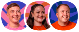 Three people smiling, each shown in a separate oval frame with colourful, abstract backgrounds in shades of pink, orange, and blue.