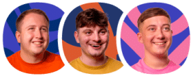 Three young men, each smiling and wearing brightly coloured shirts, are shown in separate oval frames against abstract, colourful backgrounds.