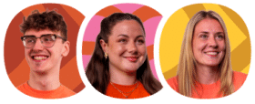 Three people wearing orange shirts are smiling, each in front of a colourful geometric background: one red, one pink, and one yellow.