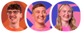 Three young adults, two men and one woman, are smiling in separate rounded frames with colourful abstract backgrounds.