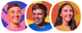 Three people smiling, each in front of different colourful, abstract backgrounds: a man in pink, a man in blue, and a woman in yellow.