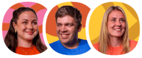 Three people smiling, each in front of a brightly coloured, abstract background with pink, orange, and yellow tones.