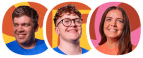 Three people smiling, each in front of a colourful, abstract background with rounded borders around their portraits.
