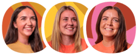 Three women smiling, each shown in a separate oval frame with colourful abstract backgrounds in shades of orange, yellow, and pink.