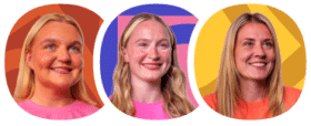 Three women smiling, each in front of a brightly coloured, abstract background: red, purple, and yellow.