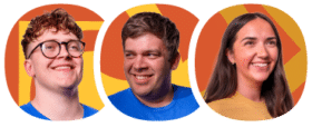 Three people smiling, each in a separate oval frame with abstract orange and yellow backgrounds.