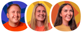 Three people, two women and one man, smiling and looking slightly upwards, each in front of a colourful abstract background.