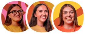 Three women are smiling and looking slightly off camera, each against a colourful, abstract background.