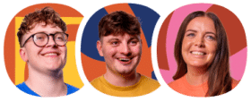 Three people smiling, each in a separate oval frame with colourful abstract backgrounds.
