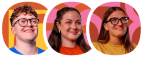 Three people with glasses and smiling expressions are photographed against colourful geometric backgrounds.