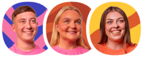 Three people are smiling, each in a separate frame with colourful abstract backgrounds in blue, pink, orange, and yellow tones.