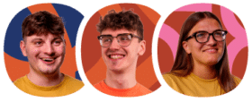 Three people, two men and one woman, all wearing glasses and yellow tops, smiling in front of colourful abstract backgrounds.