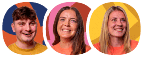 Three people, two women and one man, are smiling in front of colourful, abstract backgrounds.