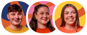 Three people smiling, each in a separate oval frame with colourful abstract backgrounds.