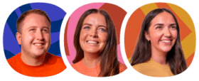 Three people, two women and one man, smiling in front of colourful abstract backgrounds.