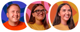 Three people smiling, each in a separate oval frame with colourful abstract backgrounds.