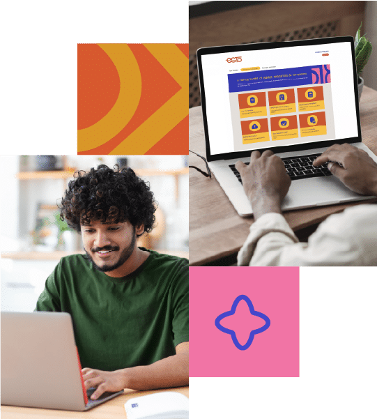 Two people work on laptops; one person types on a laptop displaying a colourful website, while another smiles at their screen. Abstract geometric shapes decorate the background.