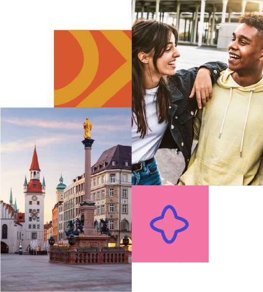 A young woman and man smiling outdoors, alongside a photo of a city square with historic buildings and a statue, plus two colourful graphic shapes.