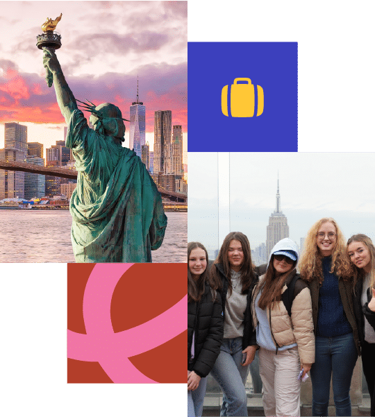 Collage featuring the Statue of Liberty, New York City skyline, four smiling young women posing, and graphic icons of a suitcase and abstract shapes.