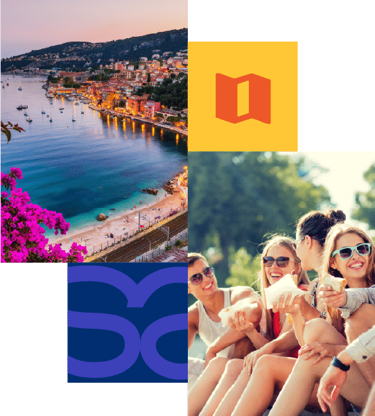 A coastal town at sunset with boats in the harbour and a group of four young women sitting outdoors, laughing. Two abstract icons complete the collage.