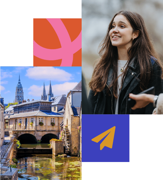 A split image shows a smiling woman outdoors, a scenic view of a European town with a river and church, and abstract graphic elements in orange and blue.