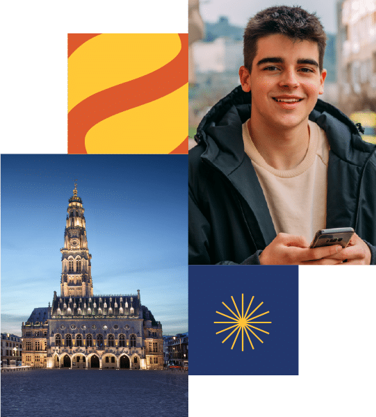 A young man holds a mobile phone and smiles outdoors; below him is a large historic building with a clock tower, alongside abstract graphic elements.
