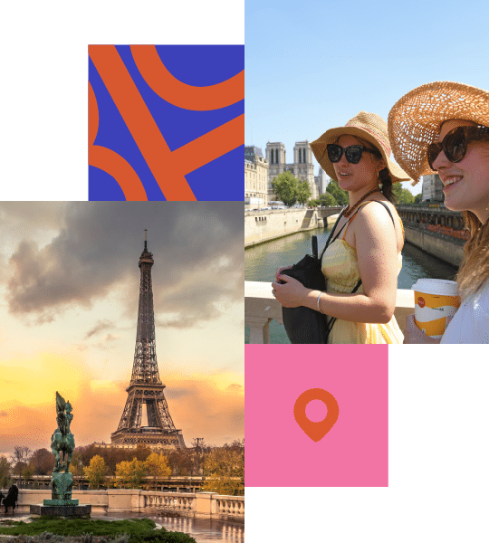 Two women wearing sunglasses and sun hats stand on a Paris bridge, smiling, with the Eiffel Tower and a colourful design in separate image blocks.