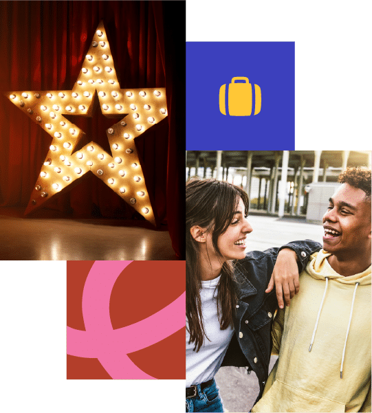 A collage featuring a lit star marquee, a yellow suitcase icon on blue, a pink abstract shape on red, and two smiling people outside, one with an arm round the other.