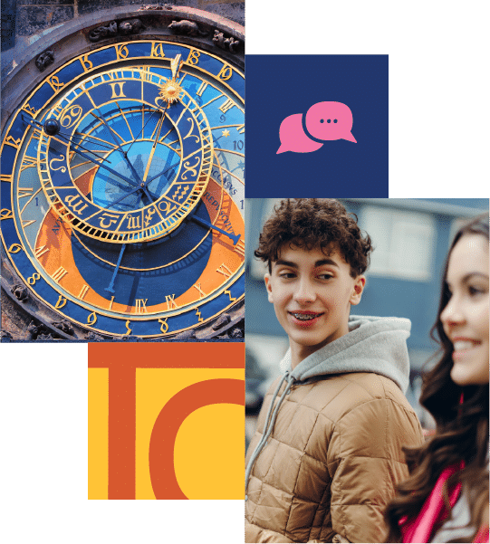 A collage featuring an astronomical clock, a speech bubble icon, a yellow and orange graphic, and two teenagers walking and talking.