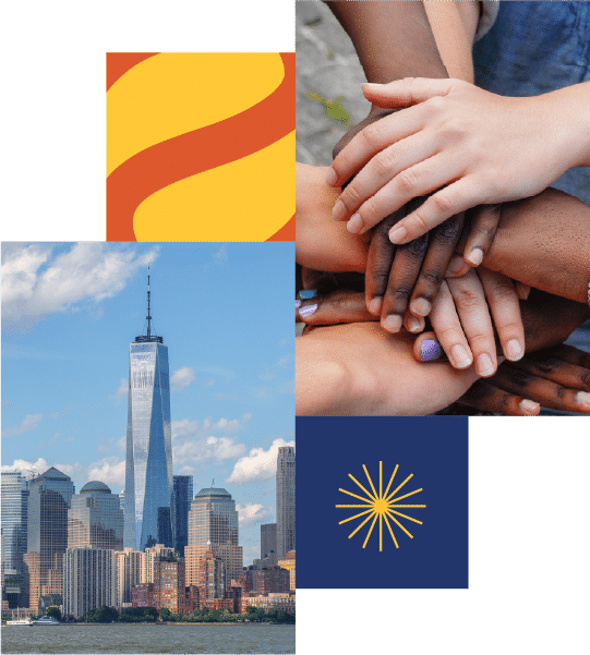 A collage featuring overlapping hands, the One World Trade Centre skyline, and abstract graphic elements in yellow, orange, and blue.