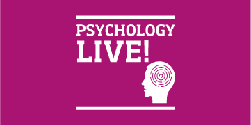 White text "Psychology LIVE!" and an outline of a head with a spiral brain icon on a solid magenta background.