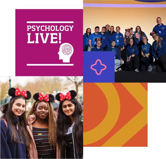 Collage with “Psychology Live!” text, a group photo of people in blue shirts, and three young women wearing Minnie Mouse ear headbands.
