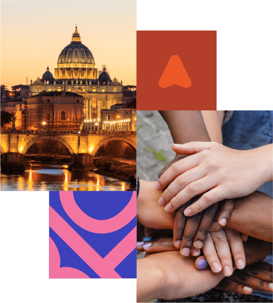 A view of St. Peter's Basilica at sunset, a group of diverse hands stacked together, and geometric graphic shapes in red and blue.