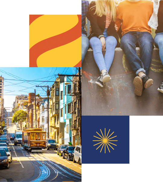 A collage showing a San Francisco street with a cable car, three people sitting on a ledge, and abstract yellow and blue graphic shapes.