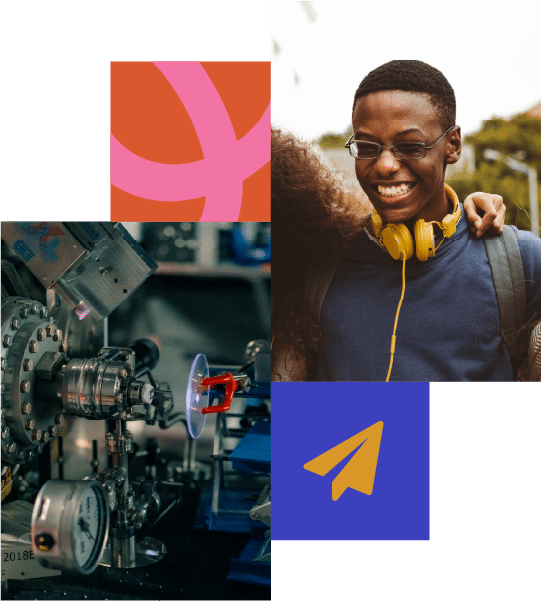 A collage featuring industrial machinery, a smiling person with yellow headphones, and abstract graphic elements in pink and blue.
