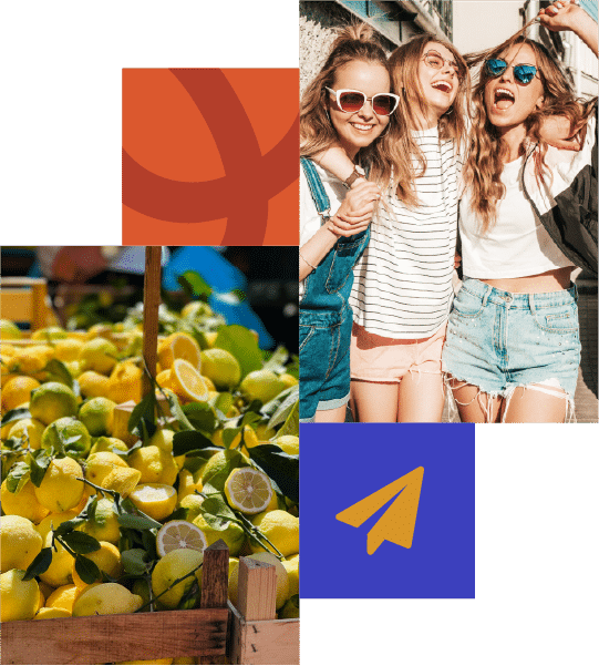 A group of three young women smiling beside a crate of fresh lemons, with colourful geometric shapes in the background.