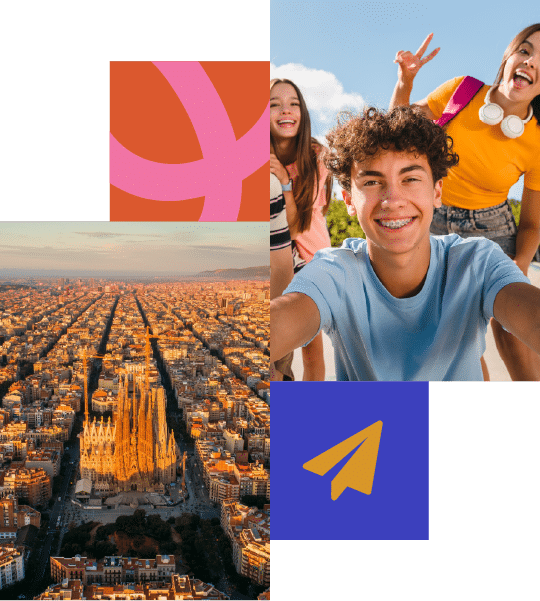 A group of smiling teenagers taking a selfie, an aerial view of the Sagrada Familia in Barcelona, and abstract graphic elements.