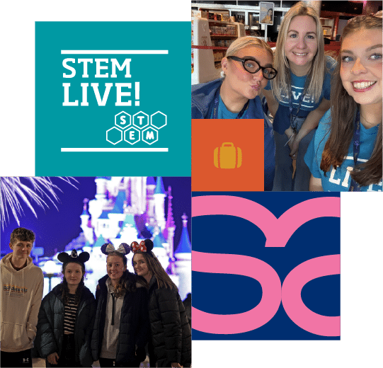 A collage featuring STEM Live! branding, three women in blue shirts, four people wearing Mickey Mouse ears at a theme park, and colourful graphic icons.