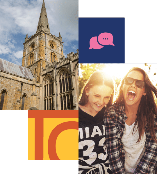 A stone church with a tall spire, a chat icon, and two young women outdoors, one laughing and the other smiling at a mobile.